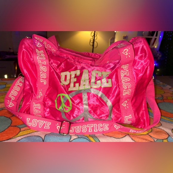 Justice Overnight Duffle Bag Pink Satin Peacesign Shoulder Handle Strap - Picture 1 of 11